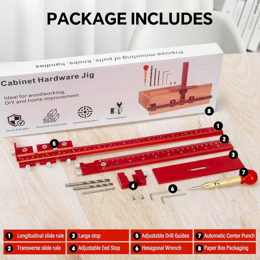 Cabinet hardware jig package includes red jig parts, drill guides, wrench, and screws