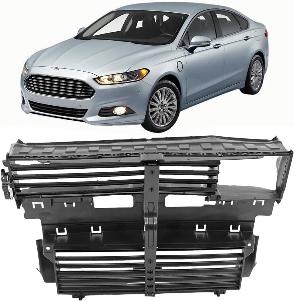 Radiator grille shutter assembly with horizontal louvers and central linkage, black
