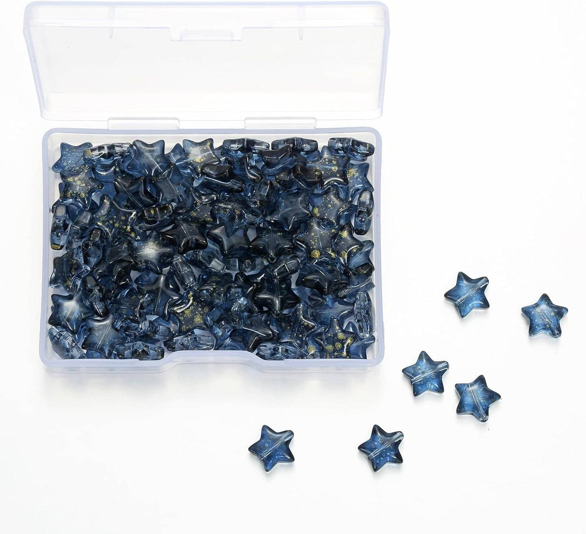 Dark blue star glass spacer beads in open storage box with loose stars