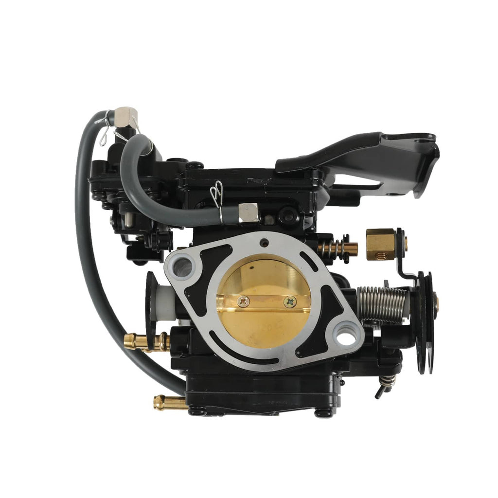 Carburetor with circular gold throttle housing, black body, and metal fittings