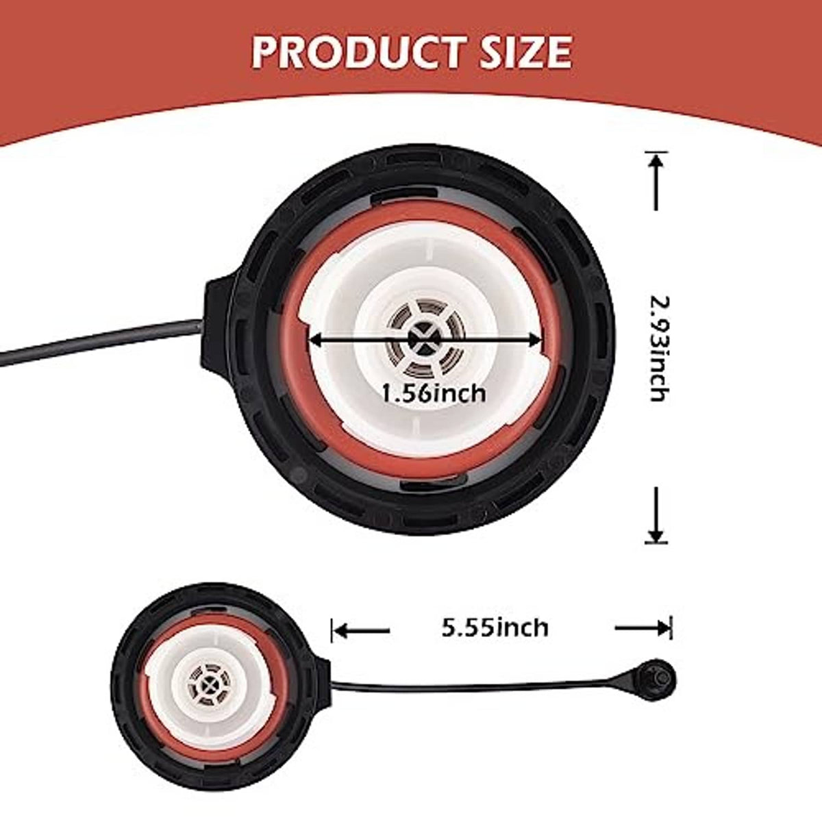 Fuel tank cap with red gasket ring and black housing, tether cord attached