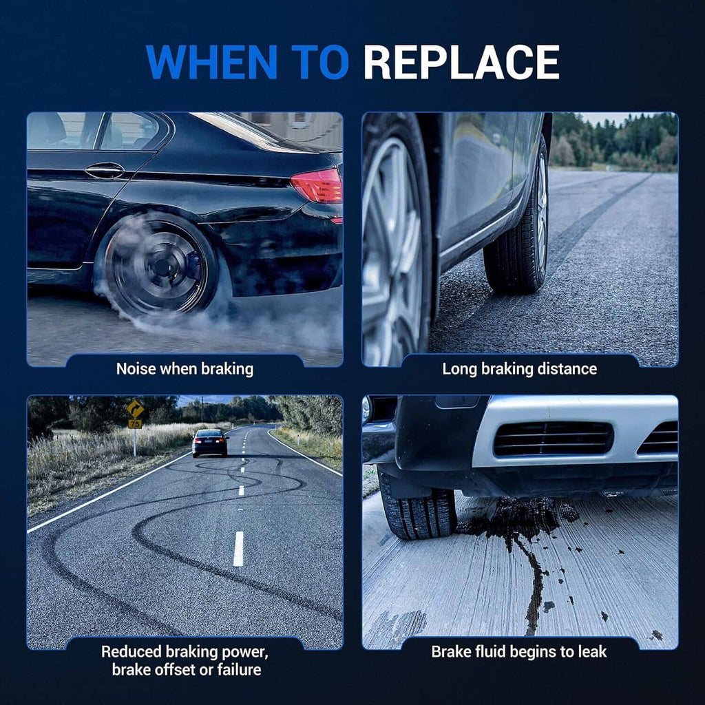 Brake replacement warning graphic with four road and braking condition panels