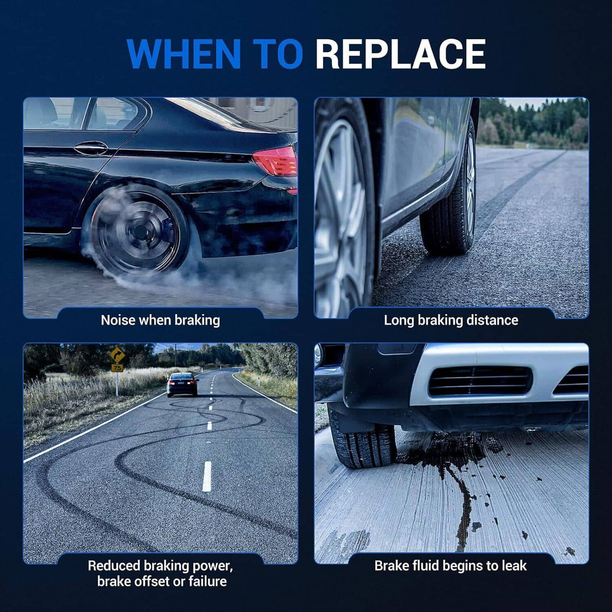 Brake replacement warning graphic with four road and braking condition panels