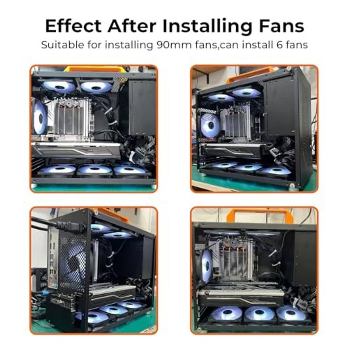 SFF PC case interior showing multiple fan positions in a black chassis