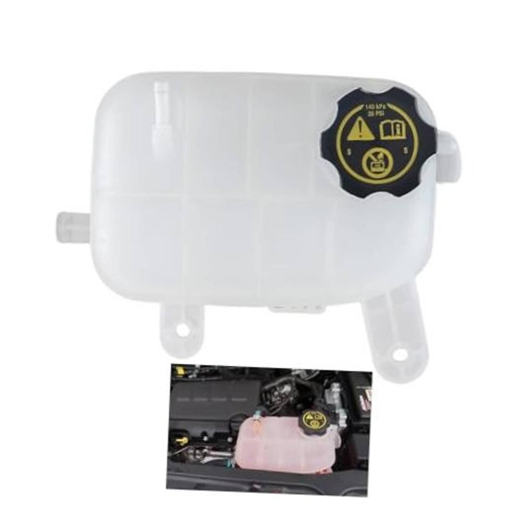 Engine coolant reservoir tank with black warning cap, translucent white plastic