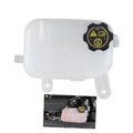 Engine coolant reservoir tank with black warning cap, translucent white plastic