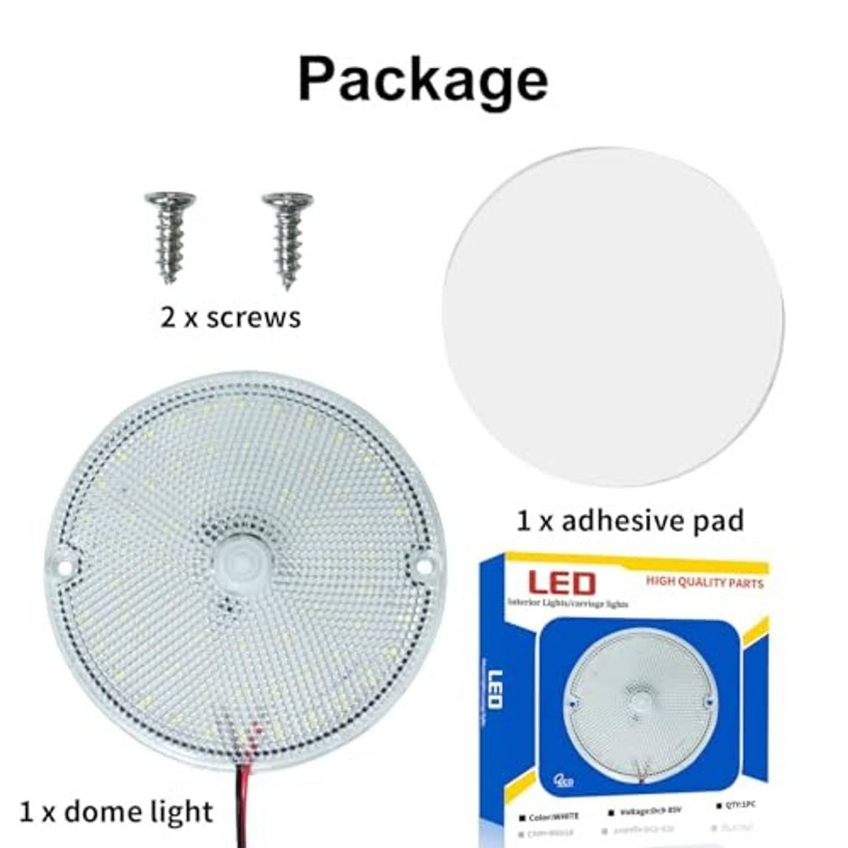4-inch round LED dome light package with adhesive pad and screws