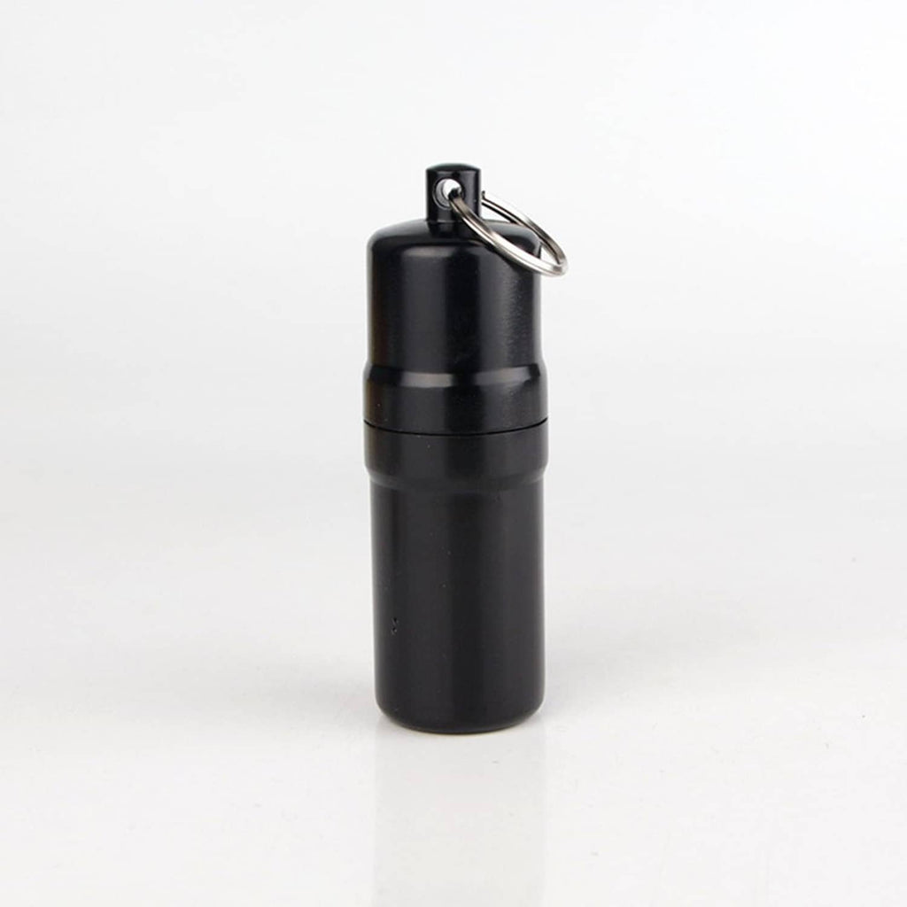 Small black round cigarette case with metal key ring and top latch