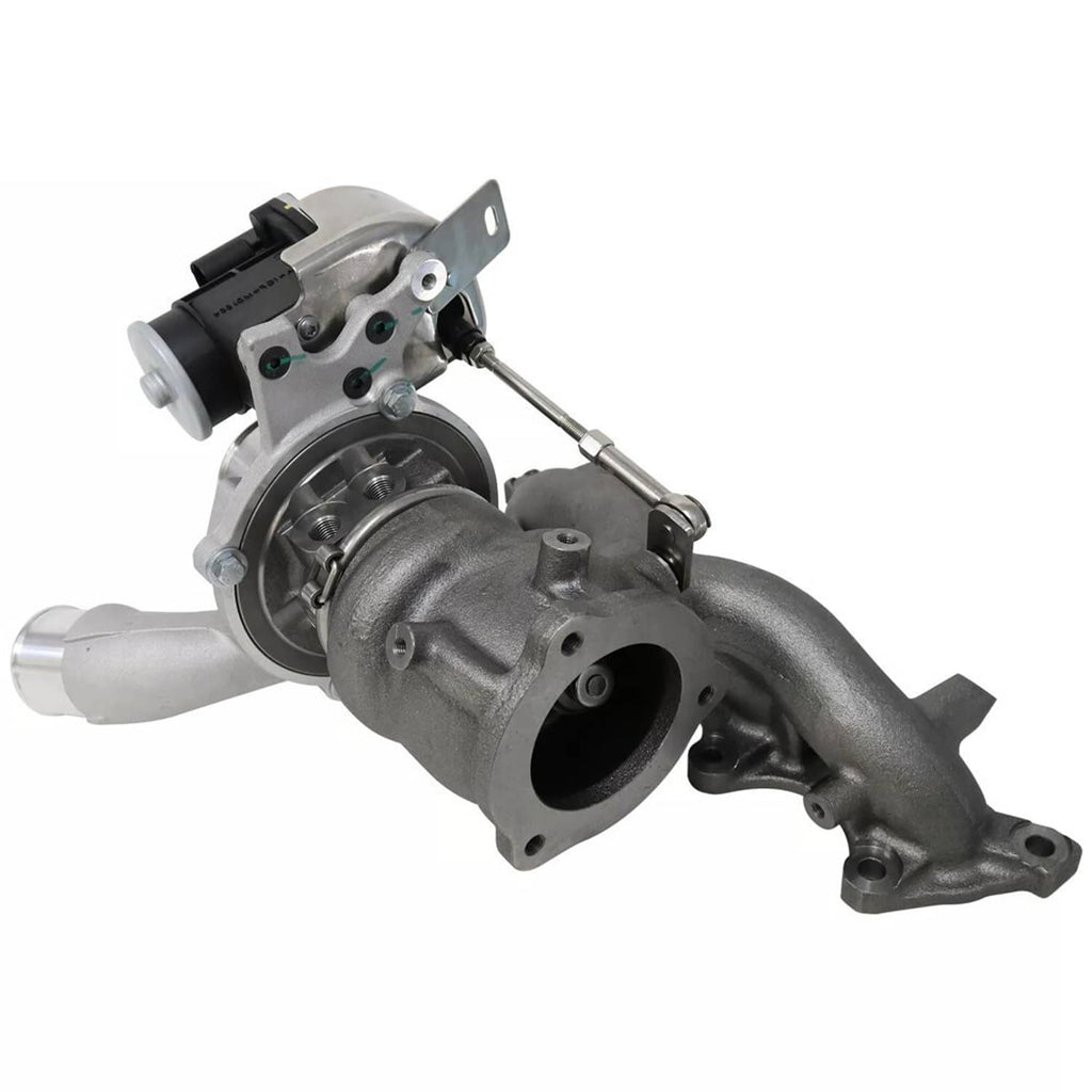 Turbocharger side view with round inlet flange and silver compressor cover