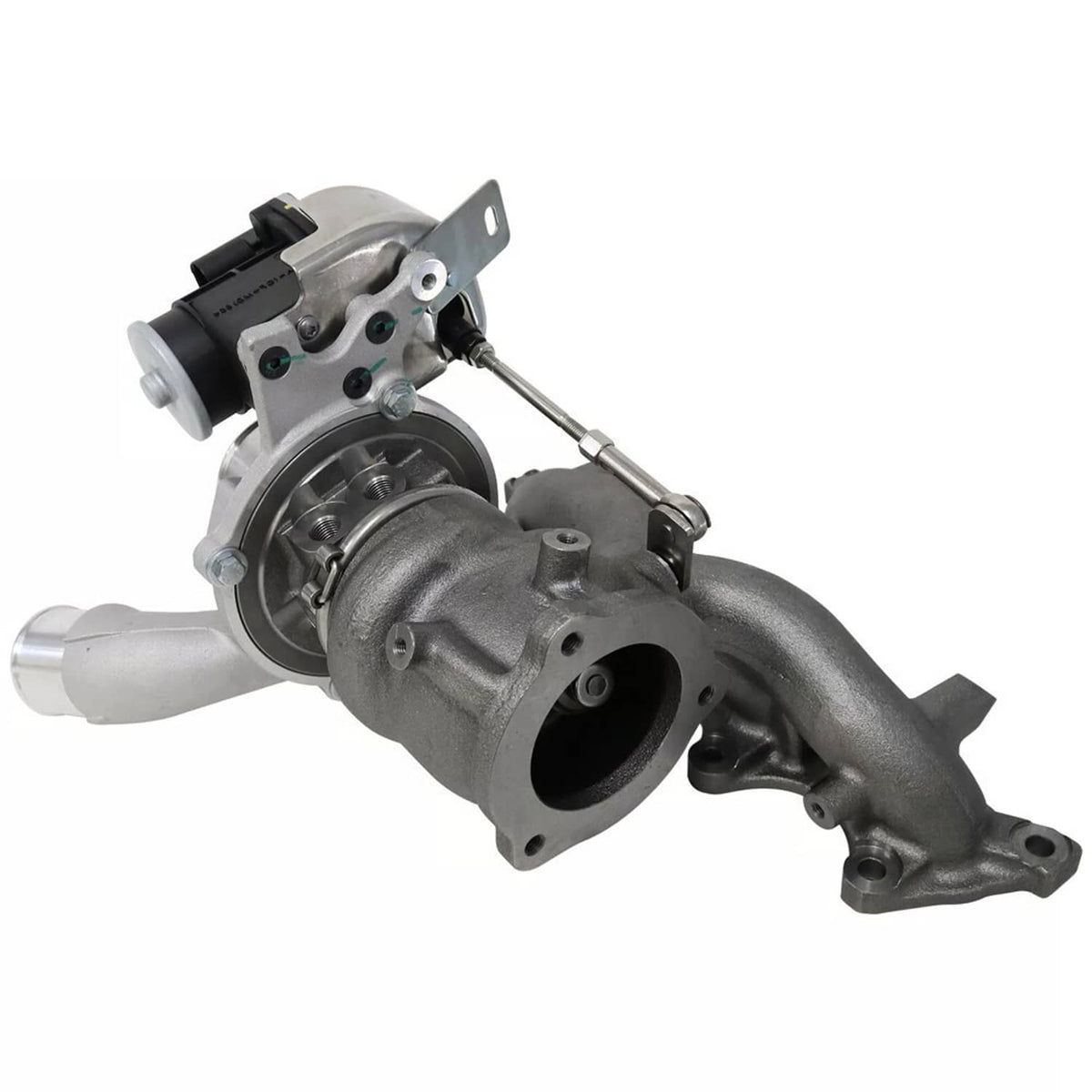 Turbocharger side view with round inlet flange and silver compressor cover