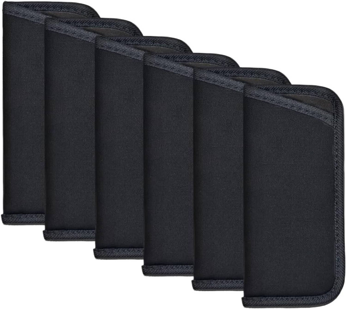 Six black slim glasses pouches with textured surface and stitched edges