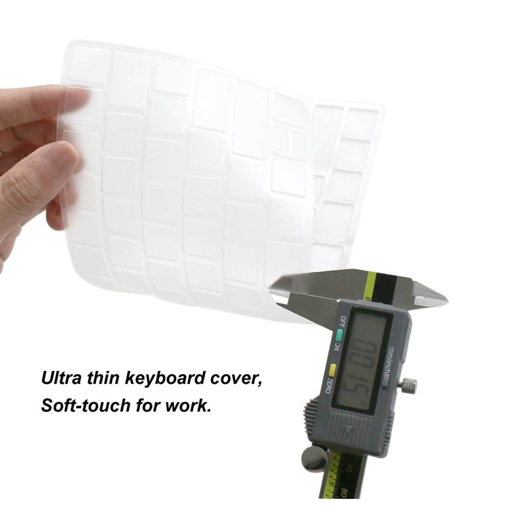 Ultra-thin transparent keyboard cover held up by hand over key area
