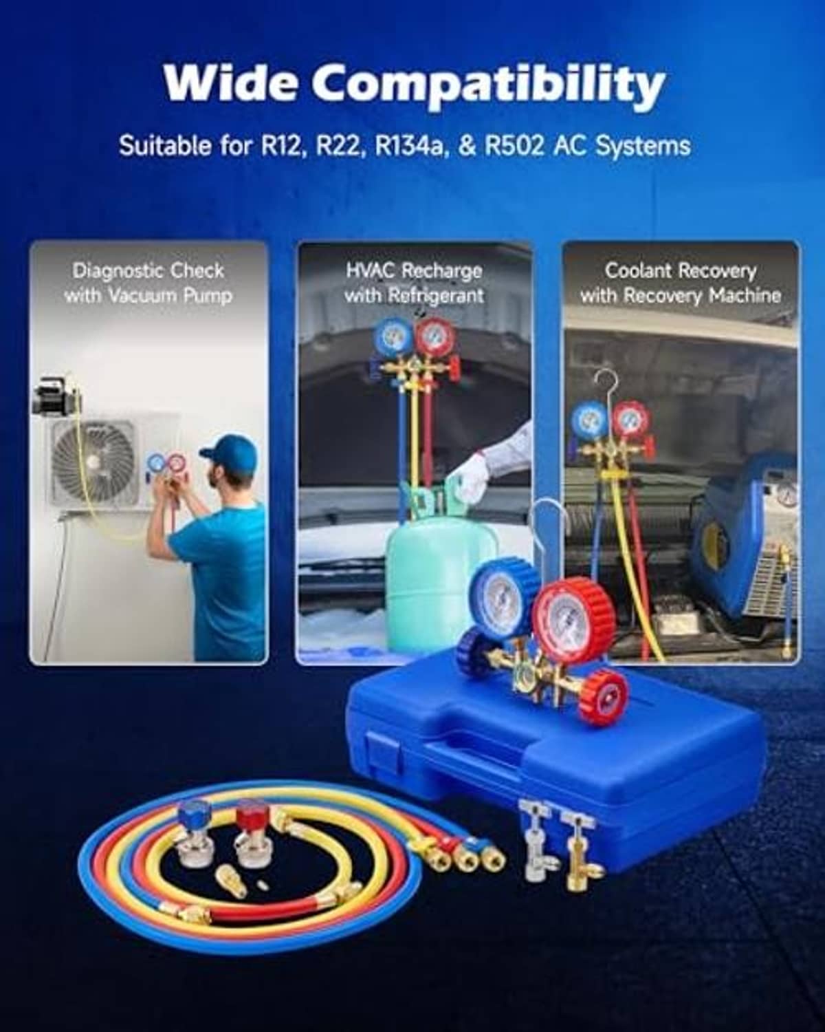 AC manifold gauge set with multicolor hoses and two gauges for HVAC charging and recovery
