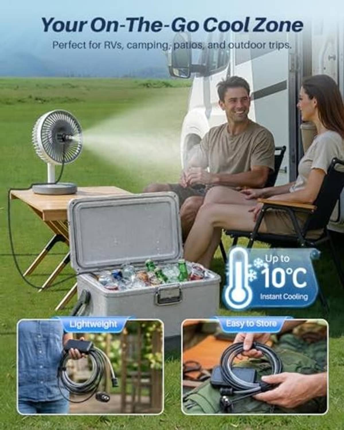 On-the-go misting system with fan, pump unit, and hose for cooling seating areas