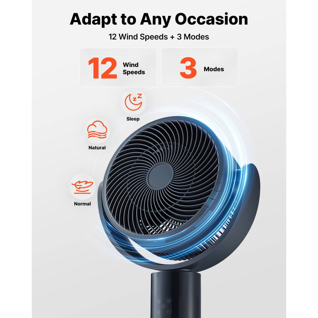 Dark pedestal fan head with grille, shown close-up with blue airflow effect