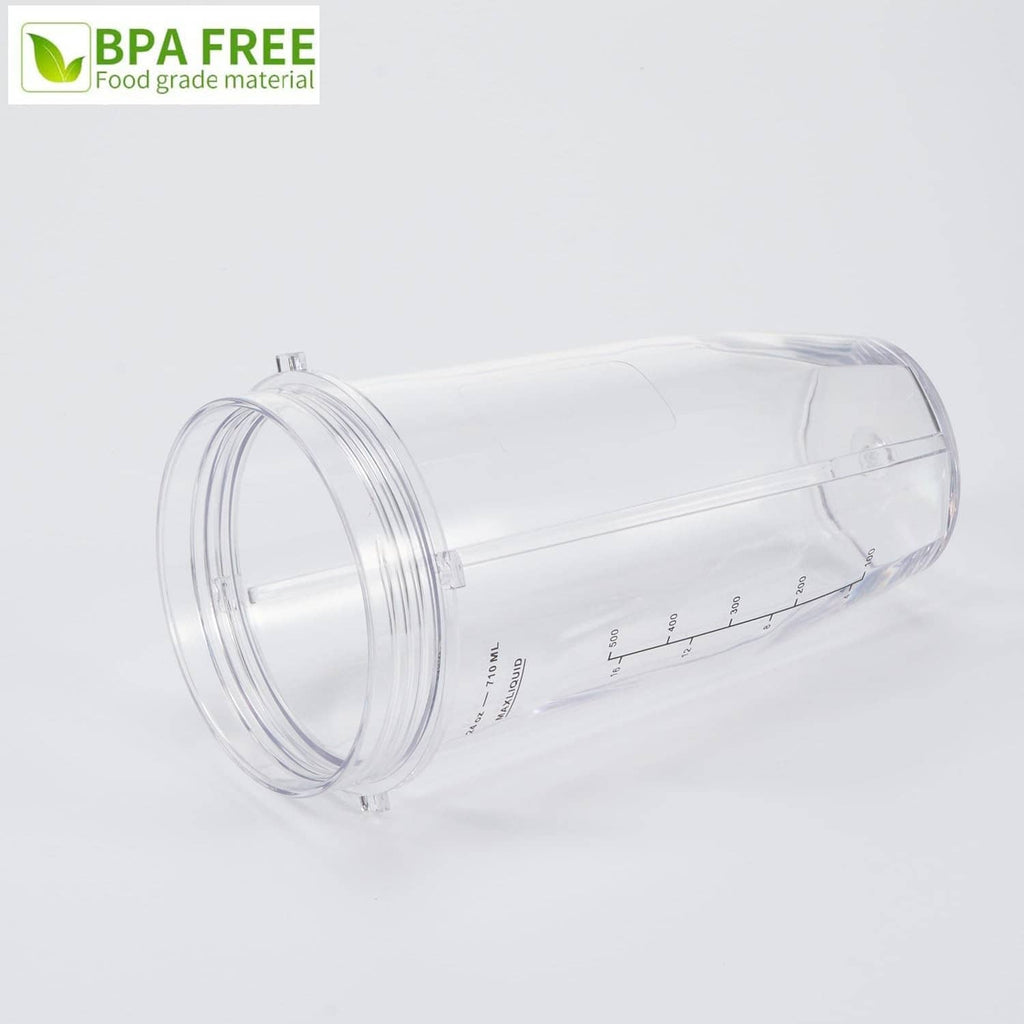 Clear blender cup container with rim and side measurement scale, no lid attached