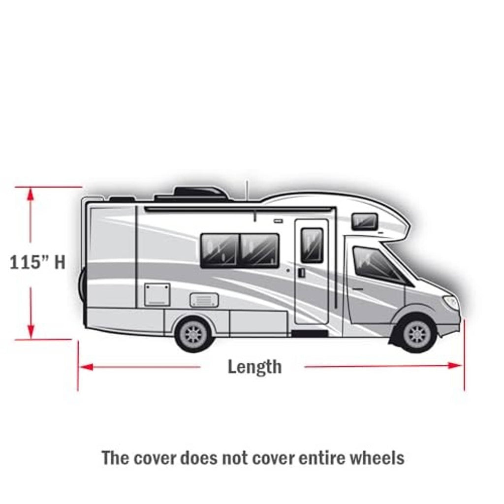 Size diagram for RV cover length and height; does not cover entire wheels