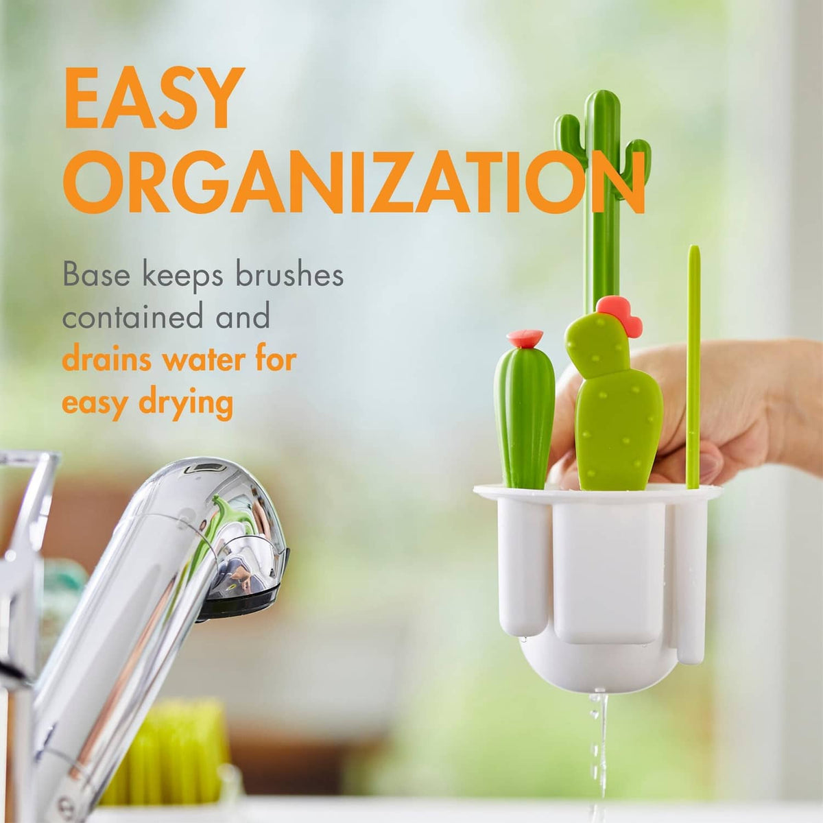 White storage base holding green cactus brushes with drip-drain design