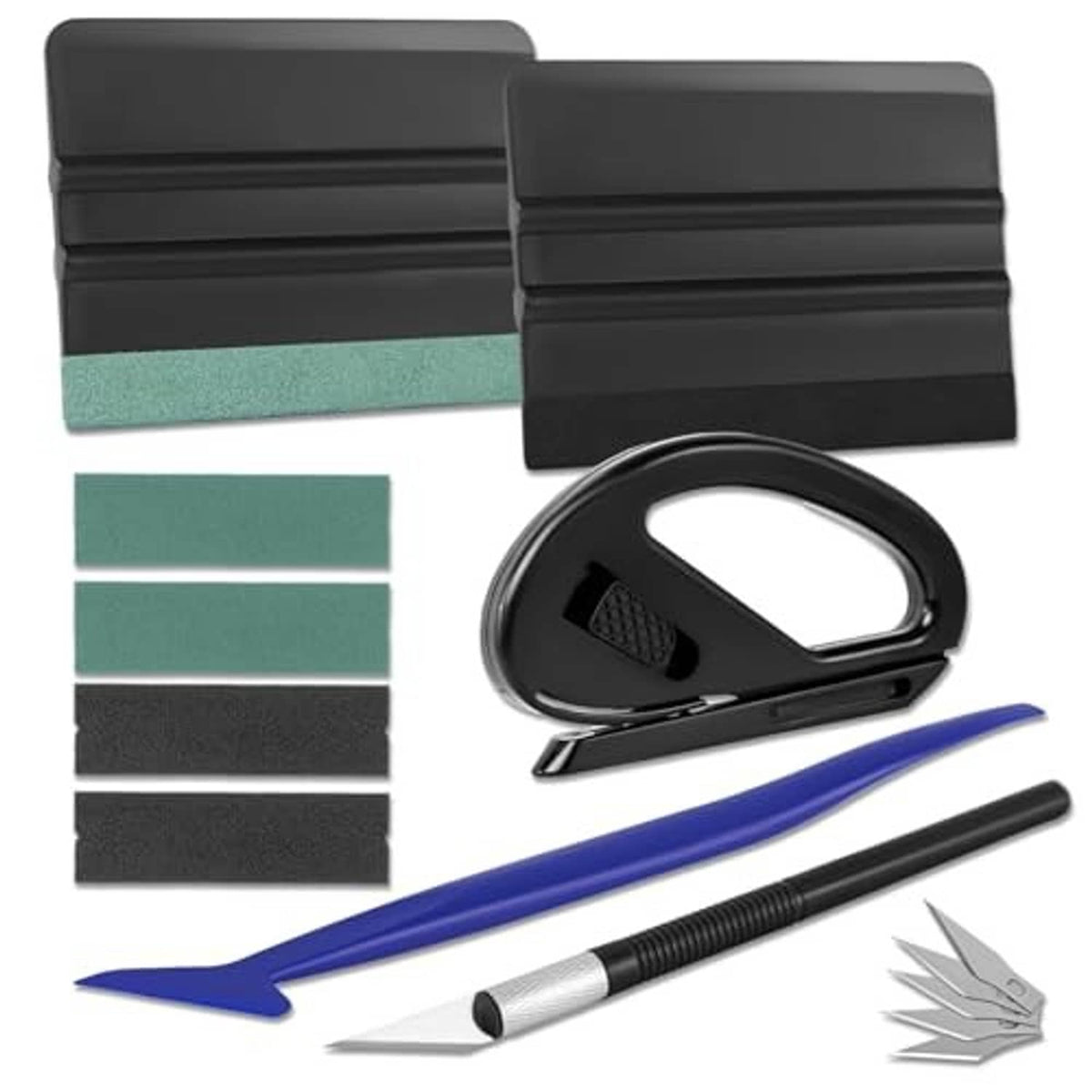 Window tint kit with black tools, squeegee, blue applicator, blades and felt pads