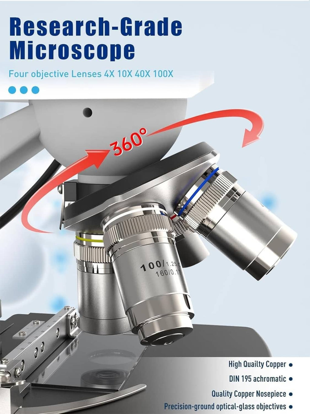 Research-grade microscope head with copper nosepiece and dual objectives