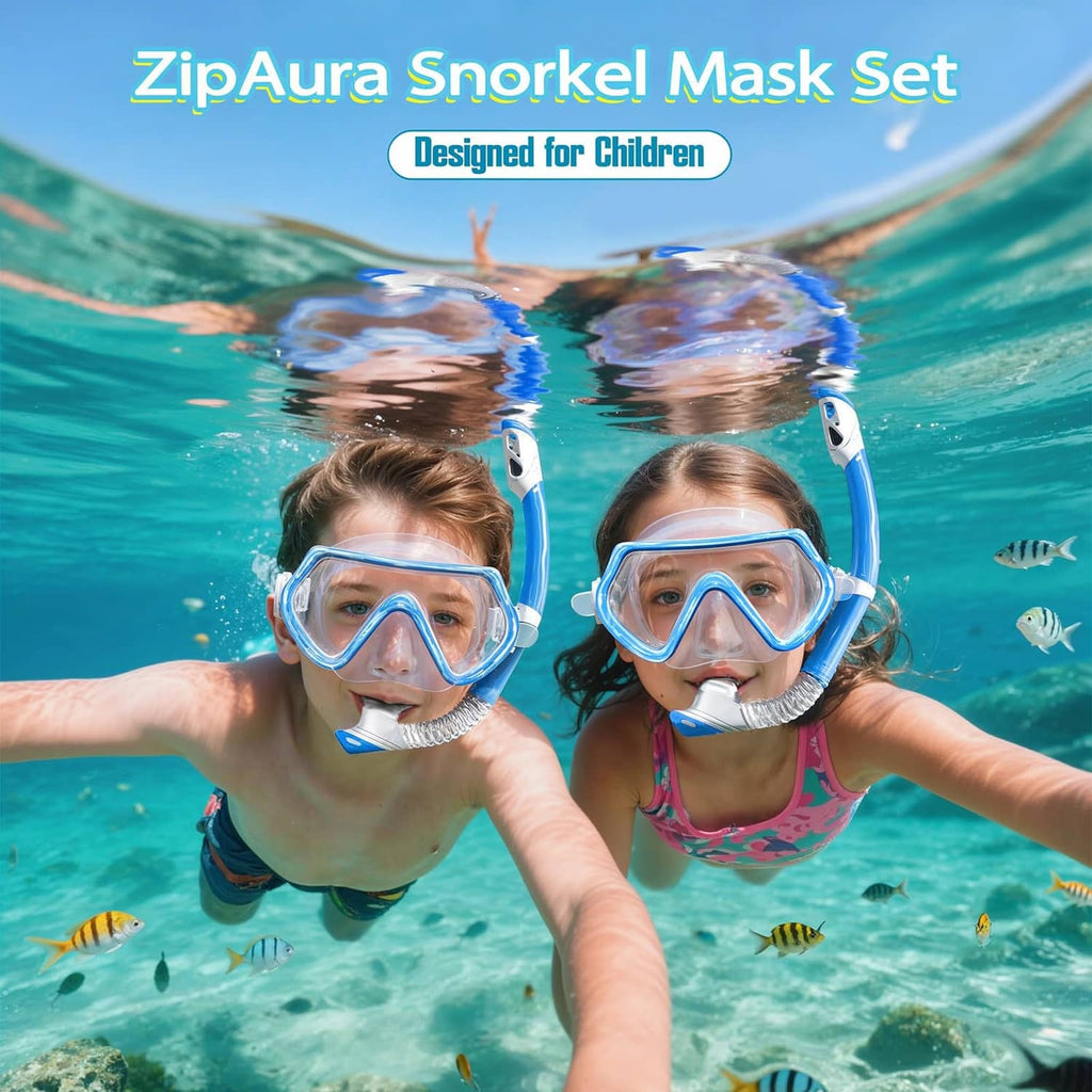 Two kids wearing clear snorkeling masks with blue frames and snorkel mouthpieces