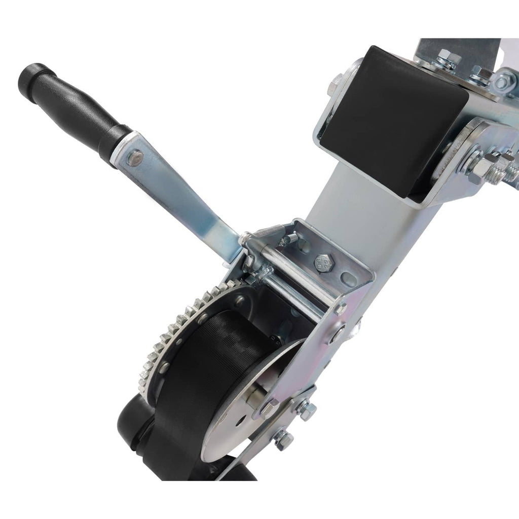 Close-up of winch stand drum, handle end, and steel bracket hardware