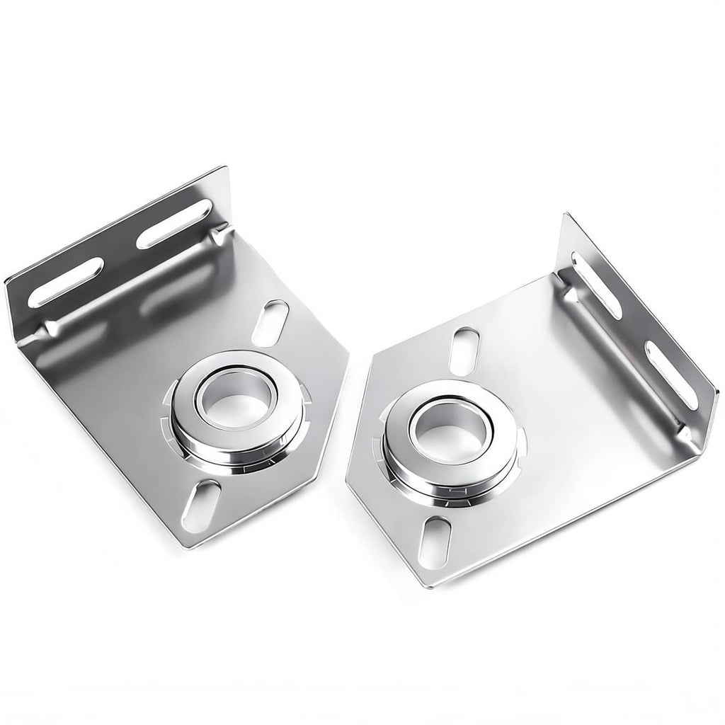 Garage door spring center bearing brackets, silver steel plates with circular bearing mounts