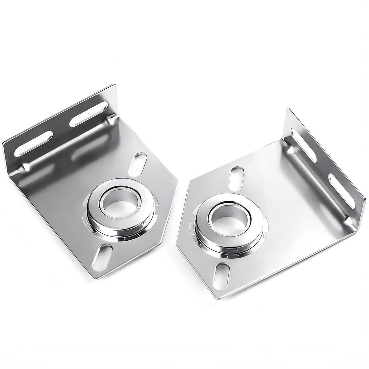 Garage door spring center bearing brackets, silver steel plates with circular bearing mounts