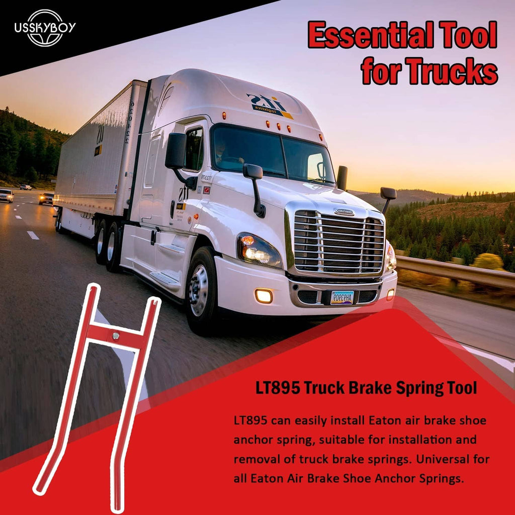 Red brake spring tool with U-frame and cross handle for installing brake anchor pins
