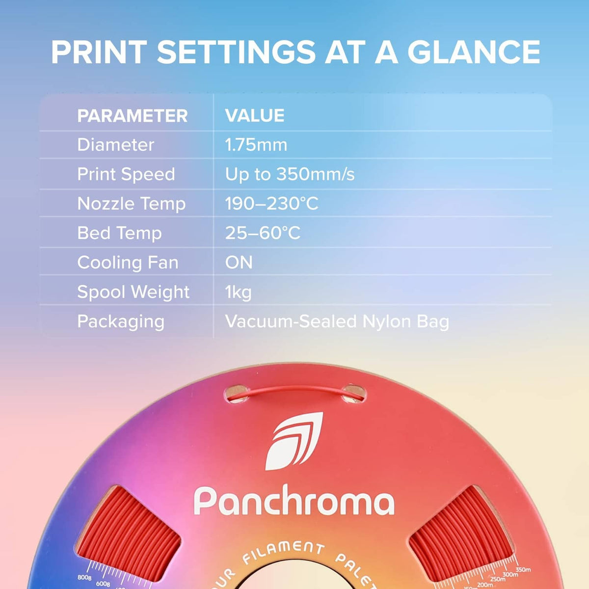 PLA filament spool with a gradient product label on the reel hub