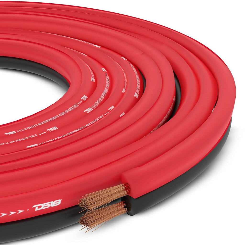 Close-up of red speaker wire jacket with exposed copper ends