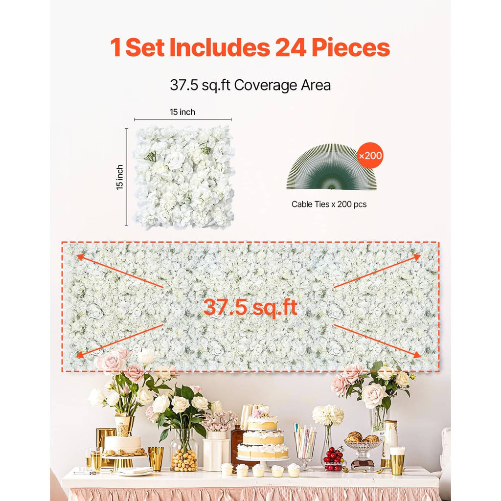 White artificial flower wall panel rectangle with included cable ties and mesh backing