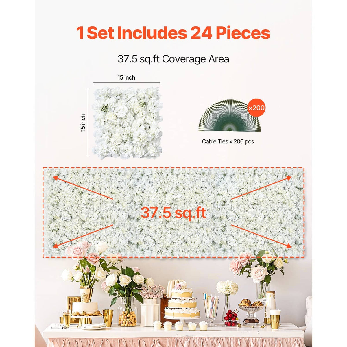 White artificial flower wall panel rectangle with included cable ties and mesh backing