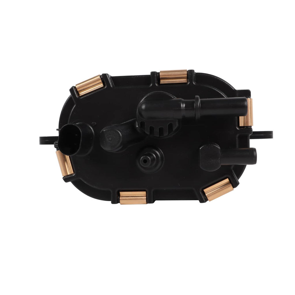 Black fuel pump module with circular housing, ports, and brass contact tabs