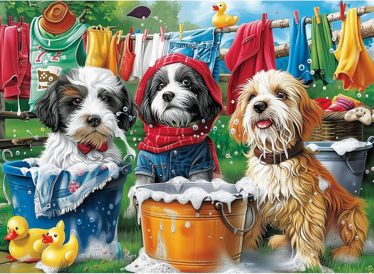 Dog-themed jigsaw puzzle illustration with three dressed dogs and rubber duck at left