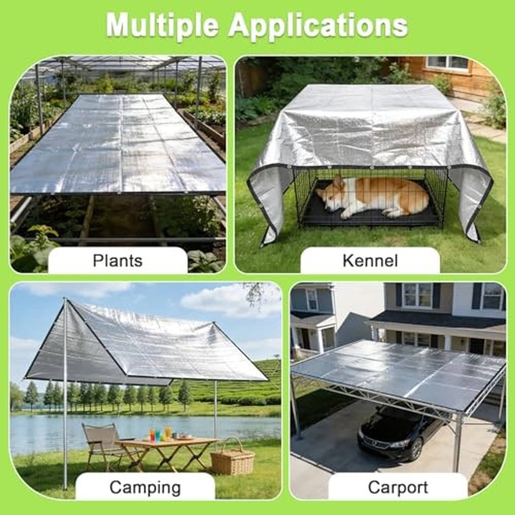 Silver reflective shade cloth tarp laid out flat for outdoor coverage