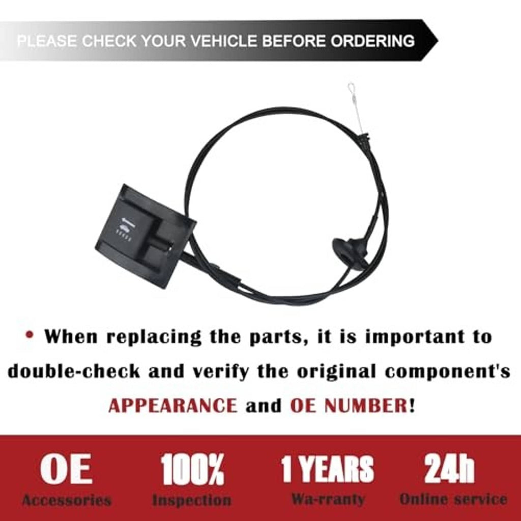 Hood release cable with black pull handle and release knob, replacement wiring set