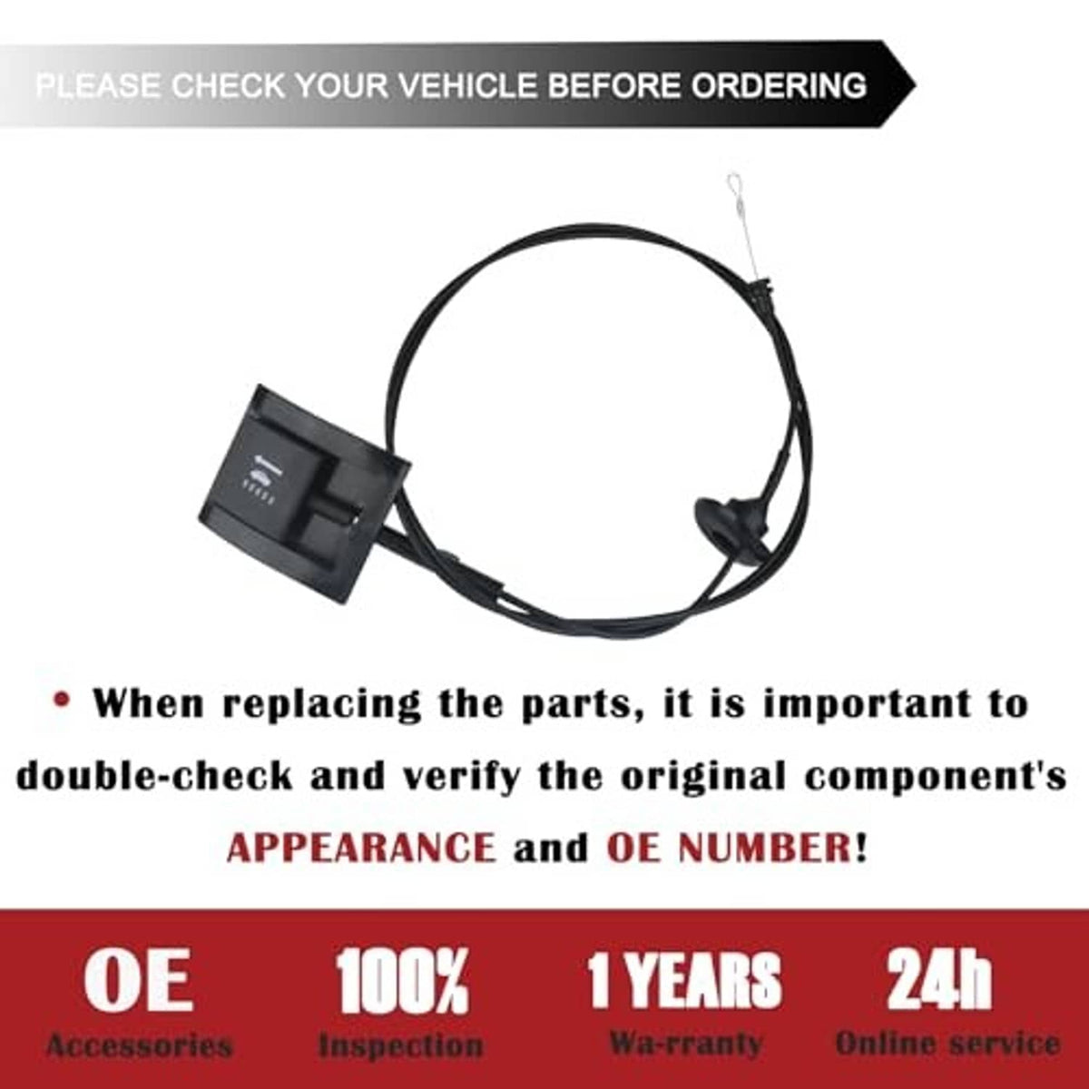 Hood release cable with black pull handle and release knob, replacement wiring set