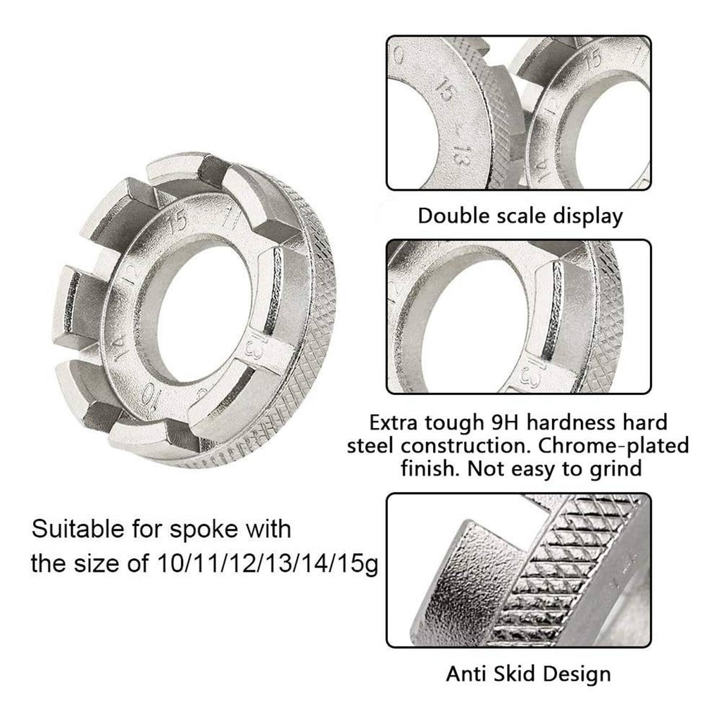 Bike spoke wrench with double-scale display, knurled edge, and anti-skid design