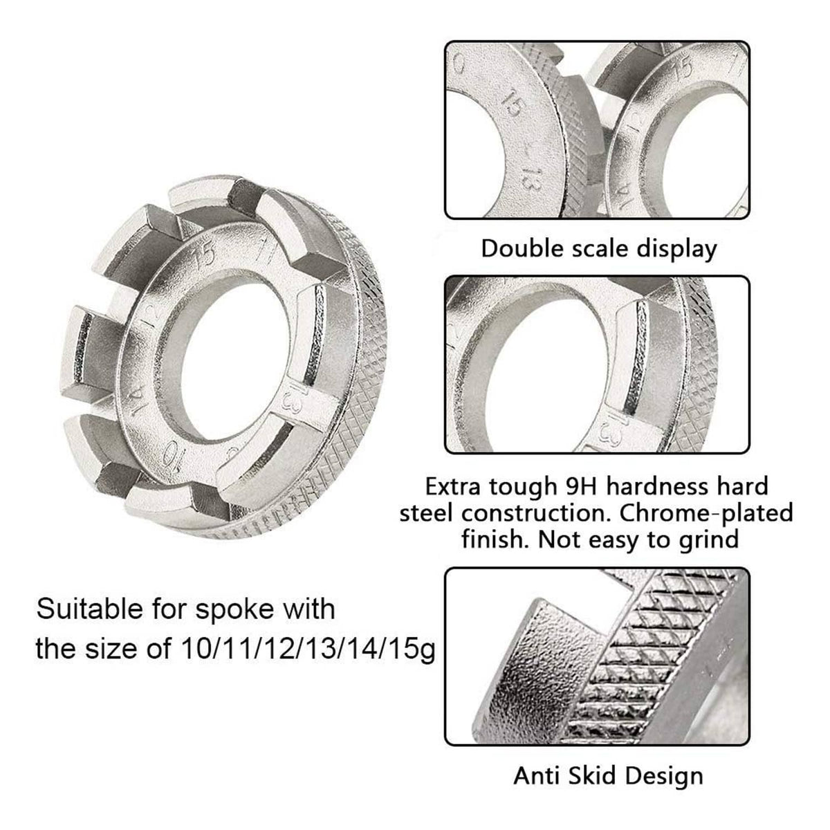 Bike spoke wrench with double-scale display, knurled edge, and anti-skid design