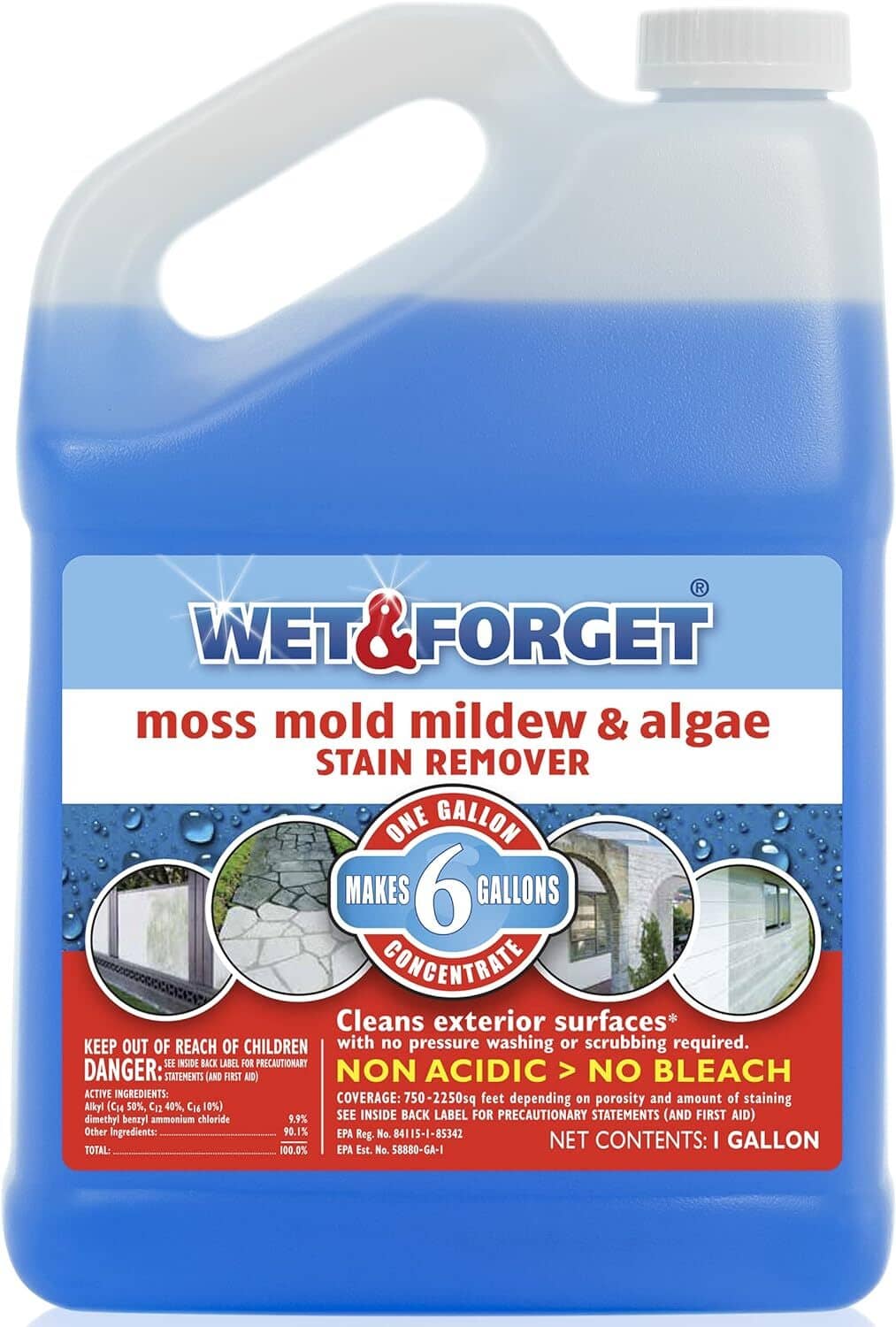 Wet & Forget stain remover jug, blue liquid in 1-gallon bottle