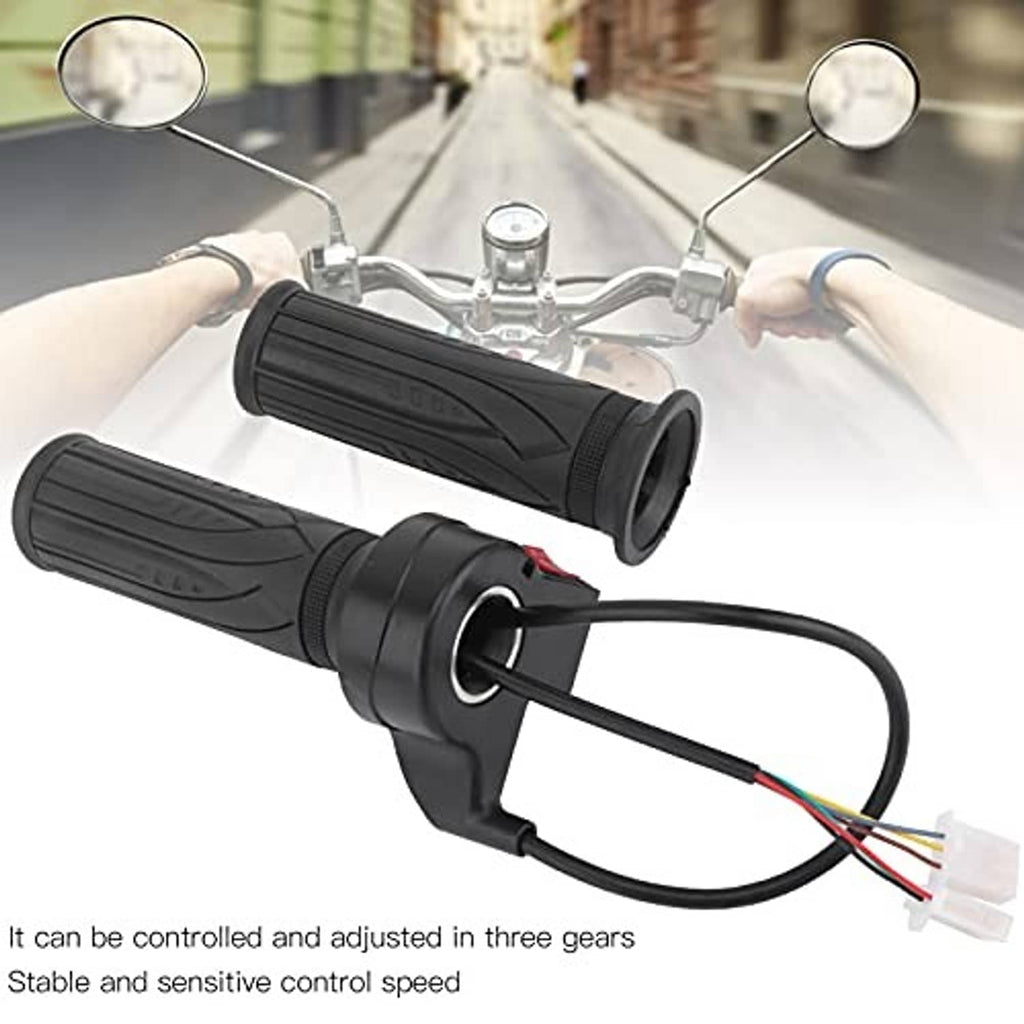 Black e-bike throttle grips with central control housing and connected cable harness
