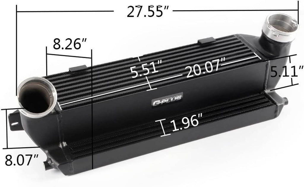 Black front-mount intercooler with barbed end tanks and ribbed heat-exchanger fins