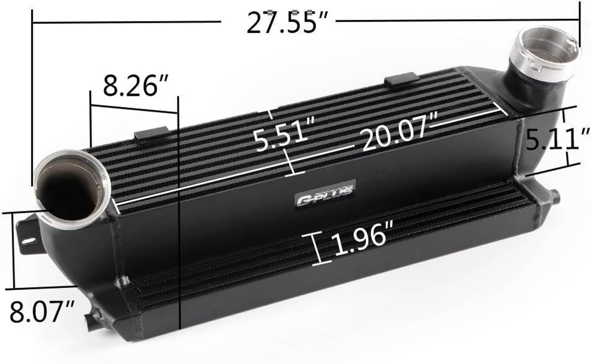 Black front-mount intercooler with barbed end tanks and ribbed heat-exchanger fins
