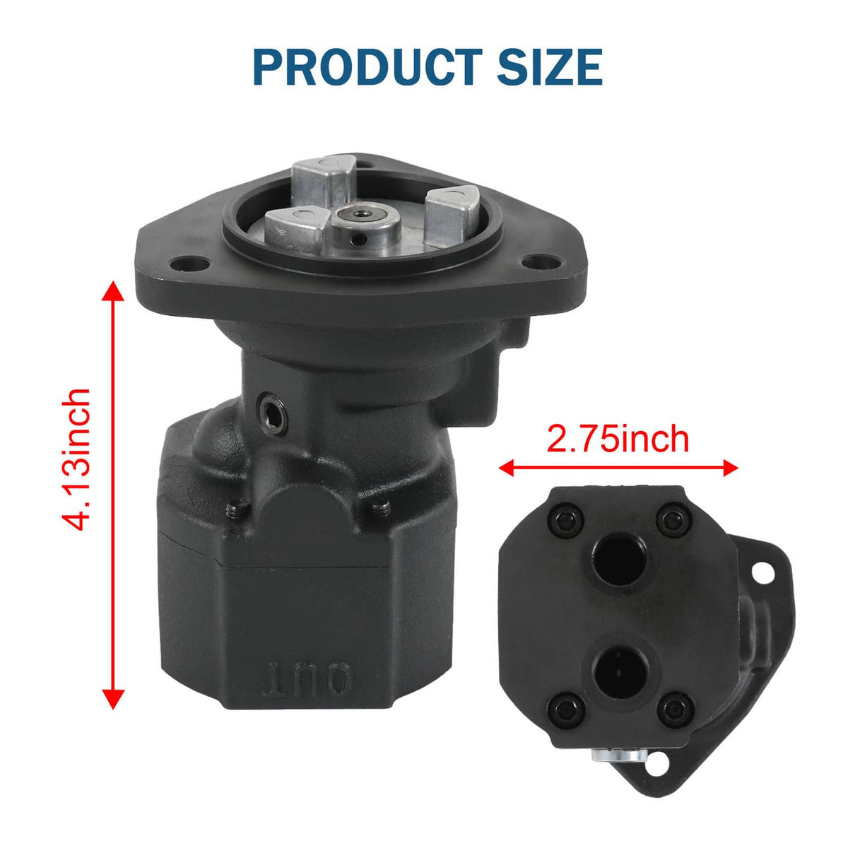 Dark fuel pump with round mounting base and top housing, front view