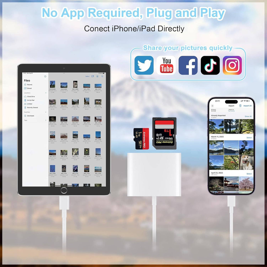 Card reader adapter connected to iPhone for importing photos from memory cards