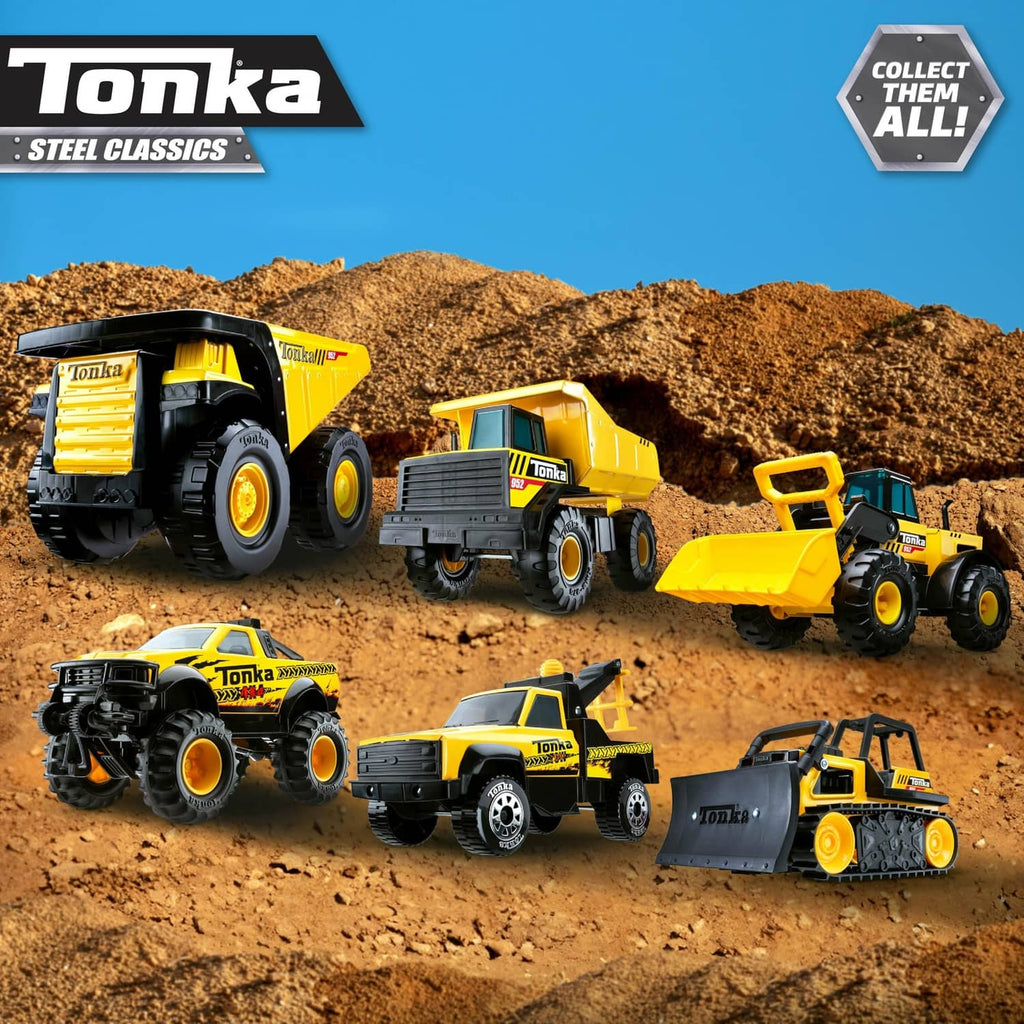 Tonka Steel Classics construction vehicle set, including yellow bulldozer