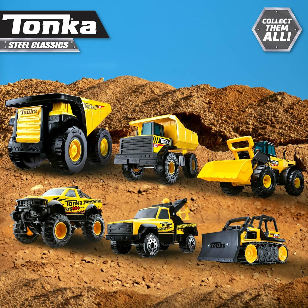 Tonka Steel Classics construction vehicle set, including yellow bulldozer