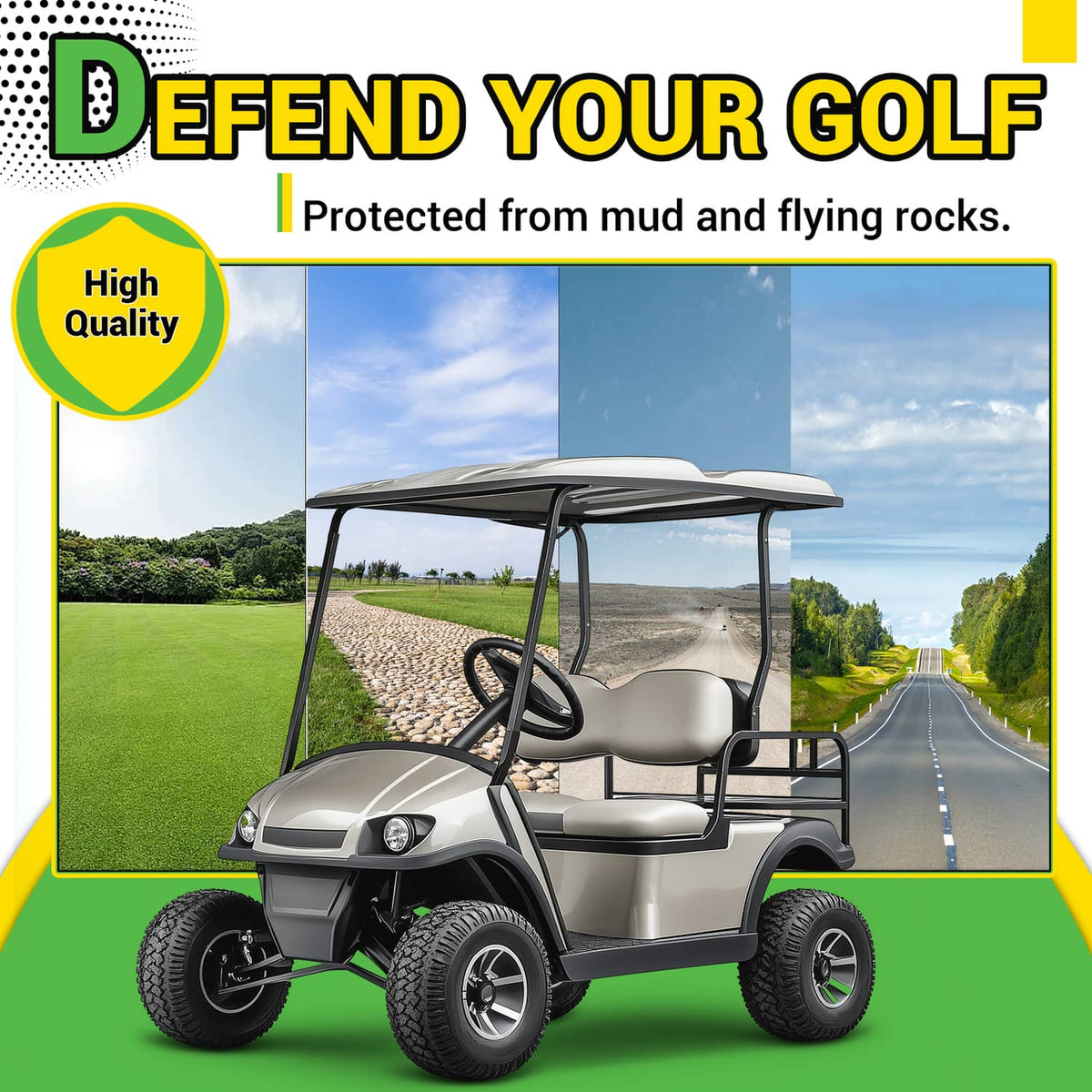 Black front fender flare on a golf cart with roof, driver-side front corner