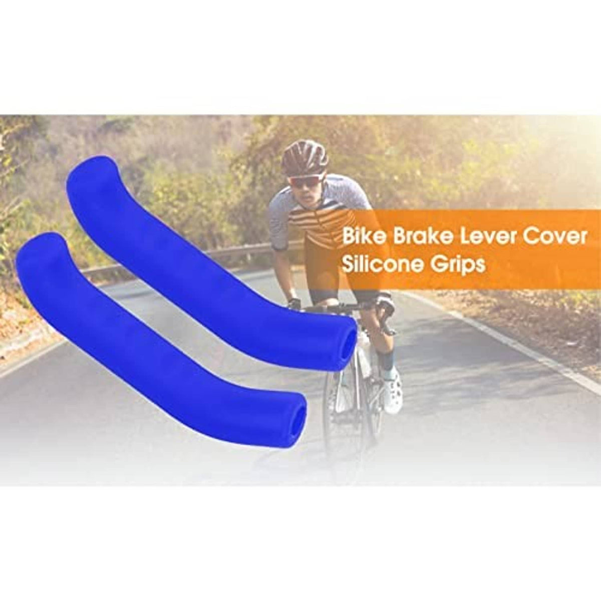 Blue silicone bicycle brake lever cover sleeves on a road bicycle